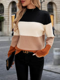 Color Block Mock Neck Sweater, Elegant Long Sleeve Sweater For Fall & Winter, Women's Clothing