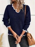 Contrast Trim V Neck Pullover Sweater, Casual Long Sleeve Knitted Sweater For Spring & Fall, Women's Clothing