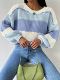 Color Block Crew Neck Pullover Sweater, Elegant Drop Shoulder Lantern Sleeve Sweater, Women's Clothing