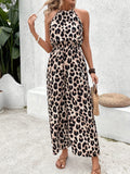 Purpdrank [Spring Jumpsuit Leopard Print Chic] Elegant Women's Leopard Print Sleeveless Jumpsuit - Chic Halter Neck, Wide-Leg Design with Tie Waist, Lightweight Polyester, Machine Washable for Spring/Summer/Fall