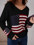 American Flag Print V Neck Sweater, Casual Long Sleeve Sweater For Spring & Fall, Women's Clothing