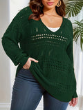 Chic Plus Size V-Neck Sweater – Breathable Hollow Out Design with Long Sleeves – Versatile Sheer Pullover for Everyday Wear