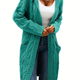 Purpdrank Plus Size Casual Cardigan, Women's Plus Solid Cable Long Sleeve Open Front Hooded Cardigan With Pockets