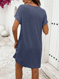 Solid Color V Neck Dress, Casual Short Sleeve Button Decor Dress For Spring & Summer, Women's Clothing