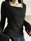Women'S Y2K Square Neck Flounce Sleeve Top, Knitted Frill Detail Blouse, Polyester Spandex Blend, Solid Color, Regular Fit, Spring/Fall - Vintage Inspired Casual Shirt