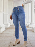 Purpdrank Button Fly Pintuck Skinny Jeans, Double-breasted Medium Stretch Vintage Style Denim Pants, Women's Denim Jeans & Clothing suit for autumn