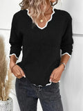 Contrast Trim V Neck Pullover Sweater, Casual Long Sleeve Knitted Sweater For Spring & Fall, Women's Clothing