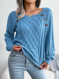 Chic Casual Women's Pullover Sweater - Round Neck, Lantern Sleeves, Textured Buttons, Perfect for Spring/Fall
