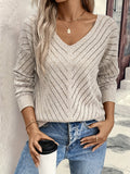 Women's Elegant Long Sleeve V-Neck Knitted Sweater - Solid Color, Regular Fit, Pullover Style with Hollow-Out Detail in Polyester for Spring/Fall