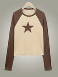 Vibrant Star Print Colorblock Crew Neck Long Sleeve T-Shirt - Soft, Breathable, and Stylish Top for Spring and Fall - Women's Casual Clothing for Everyday Wear