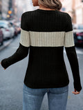 Cozy Ribbed Crew Neck Sweater - Soft, Long Sleeve, Casual, Colorblock Design, Women's Fashion Clothing for Everyday Wear