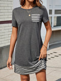 Striped Crew Neck Patched Pocket Dress, Elegant Short Sleeve Dress For Spring & Summer, Women's Clothing