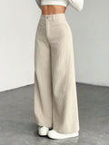 Purpdrank  Women's High-Waisted Wide-Leg Pants - Corduroy-Textured Casual Trousers with Relaxed Fit, Side Pockets & All-Season Comfort, Machine Washable Beige Trousers for Women