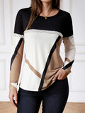 Color Block Crew Neck T-Shirt, Casual Long Sleeve T-Shirt For Spring & Fall, Women's Clothing