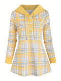 Cozy Plaid Print Hoodie - Soft, Casual, Long Sleeve Sweatshirt with Drawstring and Button Closure - Women's Comfortable Fall and Winter Clothing Essential