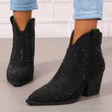 Women's Rhinestone Decor Ankle Boots, Pointed Toe Chunky Heeled Cowboy Boots, V-cut Pull On Boots for Music Festival