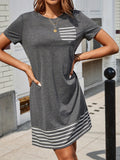 Striped Crew Neck Patched Pocket Dress, Elegant Short Sleeve Dress For Spring & Summer, Women's Clothing