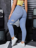 Ripped High Stretch Skinny Jeans, Whiskering Distressed Slash Pocket Denim Pants, Women's Denim Jeans & Clothing