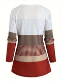 Plaid & Stripe Print Colorblock T-Shirt, Casual Long Sleeve Crew Neck Top For Spring & Fall, Women's Clothing