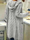Purpdrank Plus Size Casual Cardigan, Women's Plus Solid Cable Long Sleeve Open Front Hooded Cardigan With Pockets