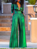Purpdrank - High Waisted Three-Quarter Sleeves Shiny Solid Color Deep V-Neck Jumpsuits Bottoms