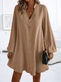 Effortlessly Chic Solid Color V-Neck Dress - Long Sleeve, Loose Fit for Spring & Fall - Stylish Womens Wardrobe Essential