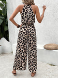 Purpdrank [Spring Jumpsuit Leopard Print Chic] Elegant Women's Leopard Print Sleeveless Jumpsuit - Chic Halter Neck, Wide-Leg Design with Tie Waist, Lightweight Polyester, Machine Washable for Spring/Summer/Fall