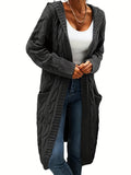 Purpdrank Plus Size Casual Cardigan, Women's Plus Solid Cable Long Sleeve Open Front Hooded Cardigan With Pockets