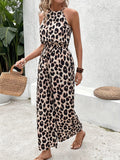 Purpdrank [Spring Jumpsuit Leopard Print Chic] Elegant Women's Leopard Print Sleeveless Jumpsuit - Chic Halter Neck, Wide-Leg Design with Tie Waist, Lightweight Polyester, Machine Washable for Spring/Summer/Fall