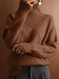 Plus Size Solid Color Knitted Sweater, Casual Turtleneck Long Sleeve Sweater For Fall & Winter, Women's Plus Size Clothing