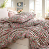Purpdrank  Ruched Floral Duvet Cover Queen Size, 100% Cotton Farmhouse Shabby Chic Garden Bedding Sets Boho Pink Flower 3pcs Soft Comforter Cover Set with Pillowcases for All Seasons And Girls Women Room Decor