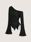 Women'S Casual Asymmetrical Neck Long Sleeve T-Shirt - Solid Color Knit Fabric Top with Ribbed Texture, Polyester Blend (95% Polyester, 5% Elastane) for Fall/Winter