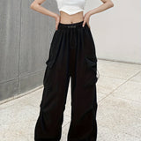 Purpdrank Y2K Chic Draped Cargo Pants - Versatile Solid Drawstring Design with Pockets - Fashion-Forward Womens Streetwear