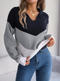 Cozy Colorblock Knit Lapel Collar Sweater - Soft Mid-Elastic Acrylic Fabric, Casual Long Sleeve Design, Hand Washable, Perfect for Fall and Winter - Womens Clothing