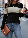 Cozy Ribbed Crew Neck Sweater - Soft, Long Sleeve, Casual, Colorblock Design, Women's Fashion Clothing for Everyday Wear