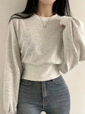 Women'S Elegant Solid Color Crew Neck Top with Button Detail, Polyester Blend (95% Polyester, 5% Elastane), Long Sleeve, Slight Stretch, Short Length, Spring/Fall Pullover Shirt