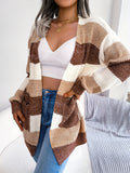 Cozy Striped Colorblock V-neck Cardigan - Super-soft Knit, Loose Fit, Dropped Shoulder - Trendy Womens Winter Wear for Casual Chic