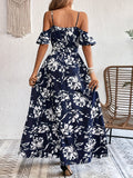 Floral Print Cold Shoulder Belted Dress, Elegant Split Sleeveless Aline Dress For Spring & Summer, Women's Clothing