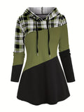 Womens Color Block Plaid Print Hoodie with Drawstring - Stylish Casual Sweatshirt for Everyday Comfort - Trendy Long Sleeve Design