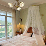 Purpdrank  White Lace Bed Canopy, Dreamy and Romantic Bedroom Decor with Metallic Leaf Crown Stand, Exquisite Bridal Chamber Decoration for Brides
