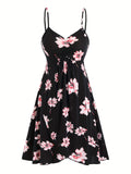 Elegant Women's Spring & Summer Floral Print Cami Dress, V-neck Ruched Sleeveless Aline Dress for Women