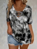 Purpdrank Women'S Plus Size Tie Dye Print Short Sleeve T-Shirt, Casual Loose Fit Tee with Lace-Up Drape Neck, Polyester 95% Spandex 5% Knit Fabric, Medium Stretch, Spring/Summer Pullovers, 175g/m² - Purple