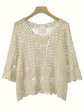 Cut Out Knitted Pullover Sweater, Casual Crew Neck Sweater, Women's Clothing