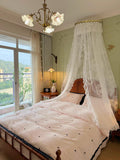 Purpdrank  White Lace Bed Canopy, Dreamy and Romantic Bedroom Decor with Metallic Leaf Crown Stand, Exquisite Bridal Chamber Decoration for Brides