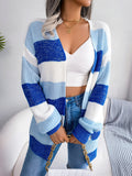 Cozy Striped Colorblock V-neck Cardigan - Super-soft Knit, Loose Fit, Dropped Shoulder - Trendy Womens Winter Wear for Casual Chic
