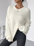 Cozy Winter Essential: Solid Color Drop Shoulder Long Sleeve Pullover Sweater with Elegant Rib Crew Neck for Women, Perfect for Fall and Winter Seasons