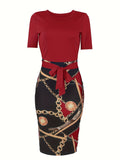 Chic Chain Print Womens Sheath Dress - Short Sleeve, Tie Waist, Casual Style - Perfect for Spring & Summer - A Fashion Must-Have for Your Wardrobe