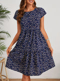 Floral Print Crew Neck Dress, Vintage Short Sleeve Dress For Spring & Summer, Women's Clothing