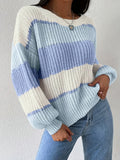 Color Block Crew Neck Pullover Sweater, Elegant Drop Shoulder Lantern Sleeve Sweater, Women's Clothing