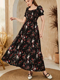 Floral Print Square Neck A-line Dress, Elegant Short Sleeve Dress For Spring & Summer, Women's Clothing